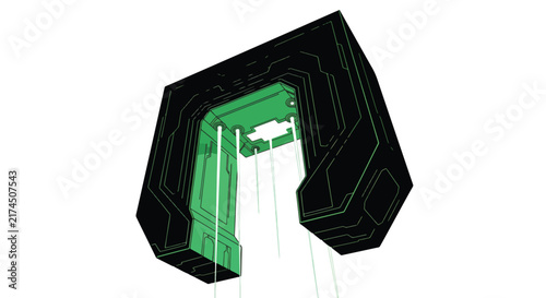 Futuristic sci-fi portal arch with glowing green circuit pattern, futuristic 3D digital technology gateway element isolated on white background.