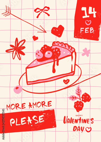 hand drawn doodle cheesecake vertical card, menu, banner, poster for 14 February celebration, cafe branding, cute food, whimsical, template, modern vector illustration