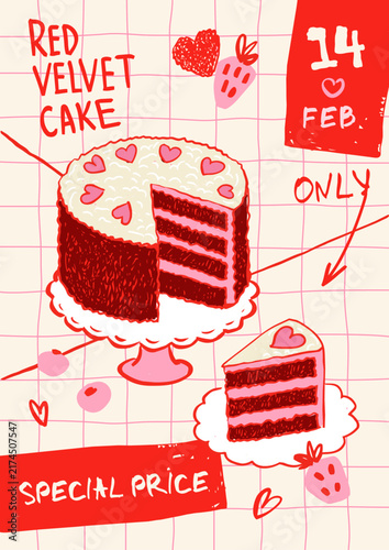 Hand drawn red velvet cake bakery or cafe menu card, poster, ads, for Valentine's Day celebration special offer, branding, whimsical, modern, template, food vector illustration