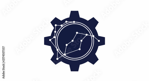 Digital technology gear icon with data network nodes representing artificial intelligence, automation, and industrial innovation on white background.
