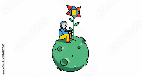 Vector illustration of a character sitting on a small green planet caring for a colorful geometric flower, minimalist fantasy space art concept.