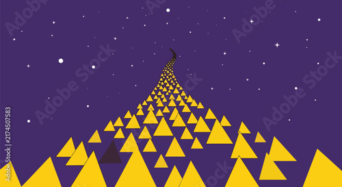 Abstract vector illustration of a geometric path made of yellow triangles leading towards a starry night sky, concept of journey and progress.