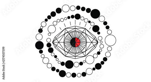 Abstract sacred geometry eye emblem with concentric dotted circles, mystical spiritual symbol, vector line art for esoteric design and tattoo