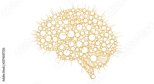 Golden Abstract Human Brain Concept Composed of Connected Circles and Neural Rays Isolated on White Background for Science and Technology