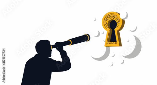 Silhouette Businessman Looking Through Telescope at Golden Keyhole Concept Vector for Business Vision Opportunity Search and Finding Solutions