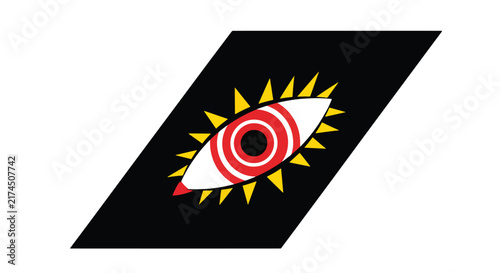 Abstract Stylized Eye Symbol with Hypnotic Iris and Yellow Spikes Inside Black Parallelogram Emblem Isolated on White Background
