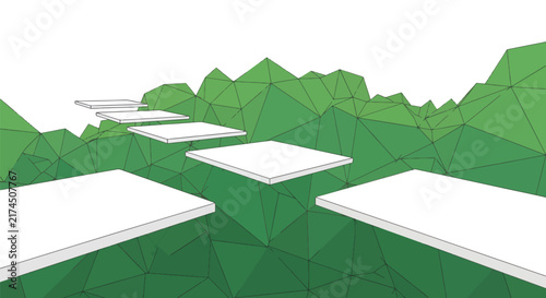 Abstract 3D low poly green landscape featuring white stepping platforms path representing progress, career growth, strategic steps, and future technology.