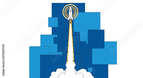 Abstract rocket launch vector illustration with blue geometric background, representing business startup concept, innovation, and success on white.