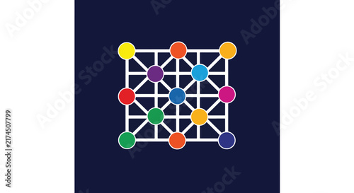 Abstract neural network concept icon featuring colorful circular nodes connected by white grid lines on dark background for tech logo design.