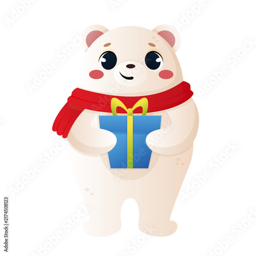 Cute polar bear with a gift, vector illustration.