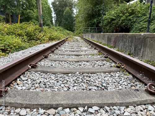 Quadro su tela Ground level low angle perspective of abandoned railway tracks with concrete tie