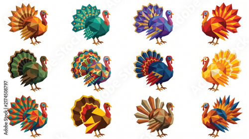Set of colorful low poly geometric thanksgiving turkeys isolated on white background