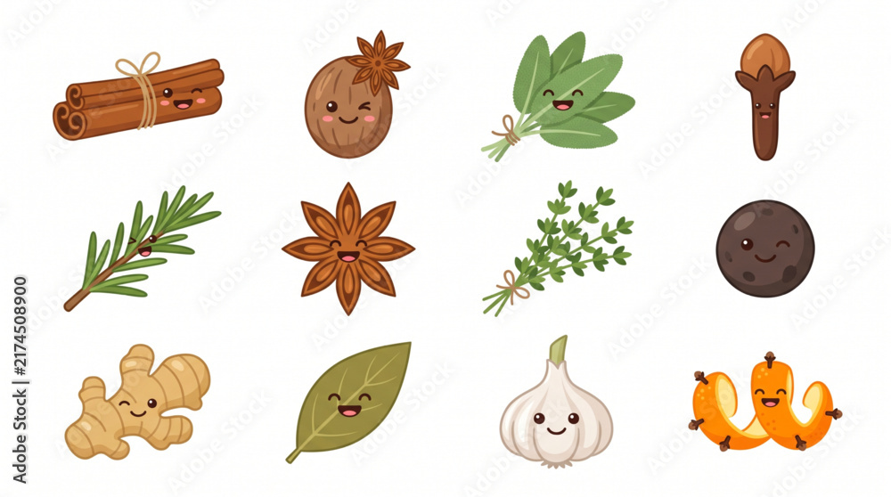 Fototapeta premium Cute kawaii cartoon herbs and spices set including cinnamon, nutmeg, sage, clove, rosemary, star anise, thyme, black pepper, ginger, bay leaf, garlic, and orange peel with cloves