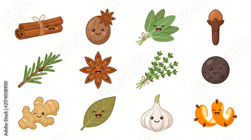 Cute kawaii cartoon herbs and spices set including cinnamon, nutmeg, sage, clove, rosemary, star anise, thyme, black pepper, ginger, bay leaf, garlic, and orange peel with cloves