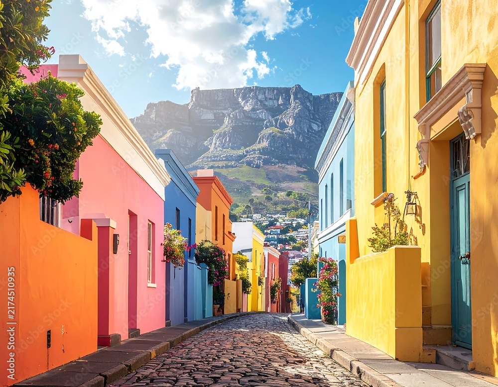 Obraz premium Cobblestone street leading through colorful vibrant houses with Table Mountain in the background. Perfect for travel brochures and tourism marketing.