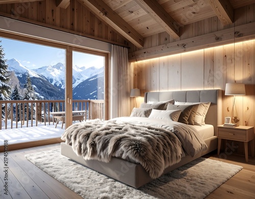 Cozy wooden bedroom interior with a comfortable bed and a panoramic window overlooking snowy mountain peaks. Perfect for winter vacation and hospitality design concepts.