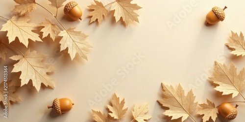 Golden Autumnal Leaves and Acorns Frame a Blank Space for Text or Design