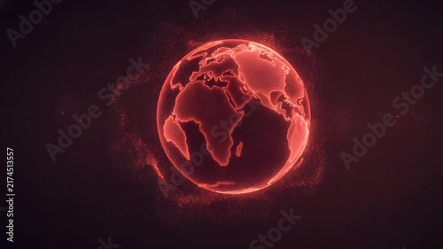 Glowing red digital earth globe spinning in deep space surrounded by abstract particle clouds representing global connectivity and advanced technology for a modern business data concept