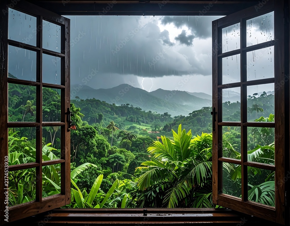 Naklejka premium Open wooden window overlooking a lush tropical rainforest during a heavy rainstorm with distant mountains. Perfect for environmental design concepts.