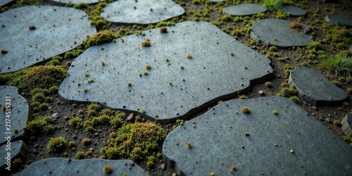 A Serene Pathway of Irregular Stone Slabs Interwoven with Verdant Moss