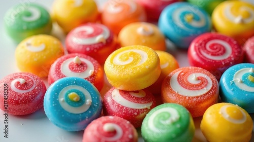 Colorful Swirl Candies in Vibrant Hues, a Delightful Close-Up of Sweet Treats