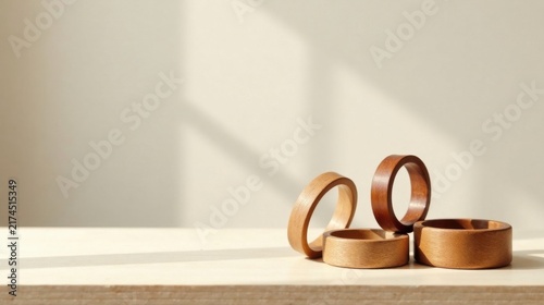 Wooden rings arranged on a light surface bathed in sunlight