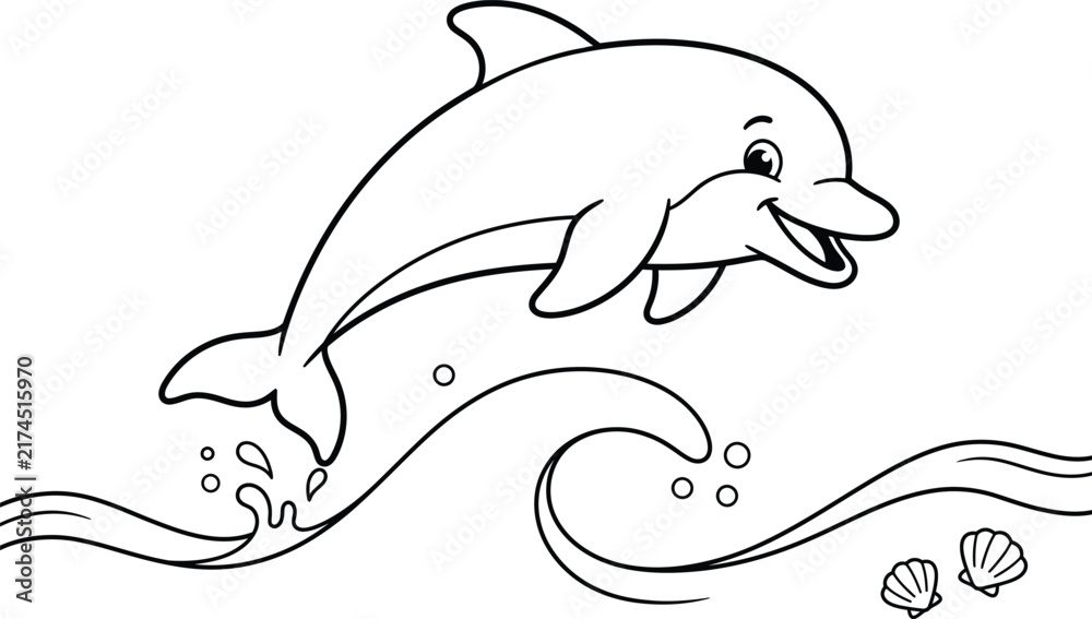 Obraz premium A cute dolphin jumping over ocean waves in this fun and simple black and white coloring book page
