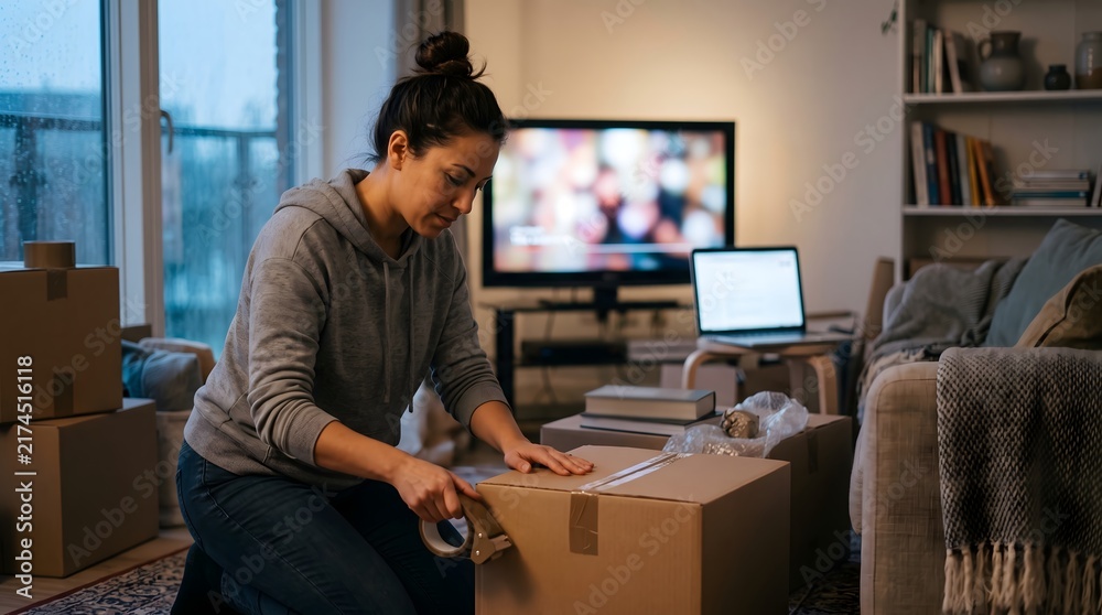 Fototapeta premium Woman packing cardboard moving boxes with tape in her living room during relocation cardboard box adhesive tape house moving day