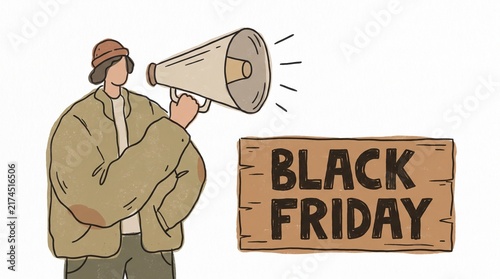 Person with Megaphone Announcing Black Friday Sale Event with Wooden Sign Illustration