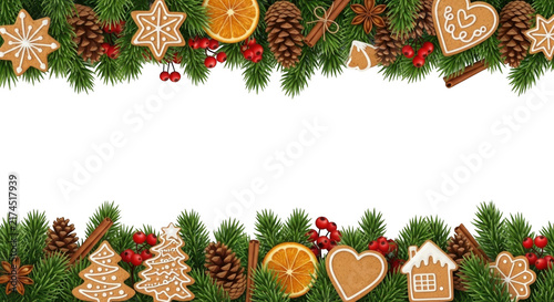 Christmas holiday border with gingerbread and pine branches isolated on transparent background