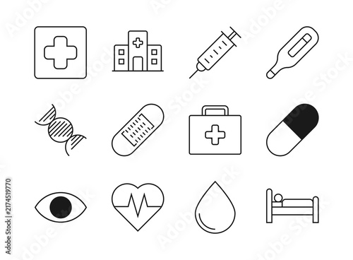 Healthcare and Medical Outline Icon Set with Hospital, Syringe, Thermometer, First Aid, DNA, Heart and Blood Symbols