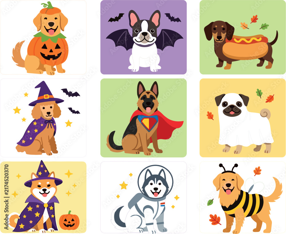 Obraz premium Cute Halloween Dogs Vector Icon Set Featuring Golden Retriever, Pug, French Bulldog, and German Shepherd Wearing Funny Festive Costumes