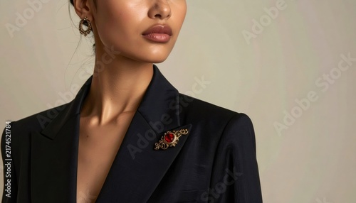 Woman wearing an elegant blazer with vintage brooch