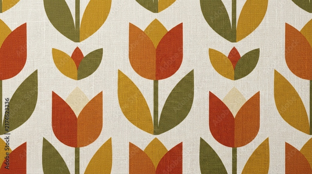 Mid-Century Modern Abstract Seamless Pattern With Geometric Olive Green Tulips