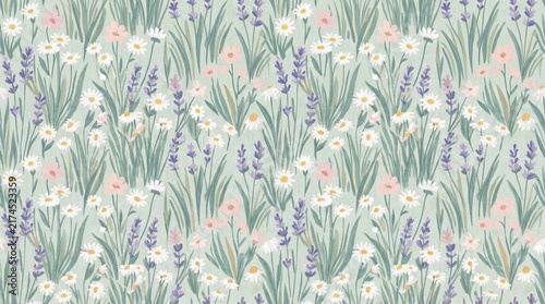 Whimsical Meadow Seamless Pattern with Pastel Daisies and Lavender Flowers