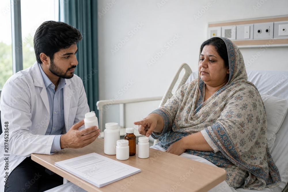 Fototapeta premium Pharmacy Medication Reconciliation Care-transition Scene At A Hospital Bedside