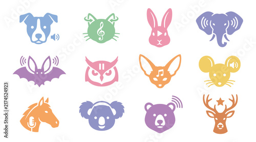 Colorful animal faces and heads icons.