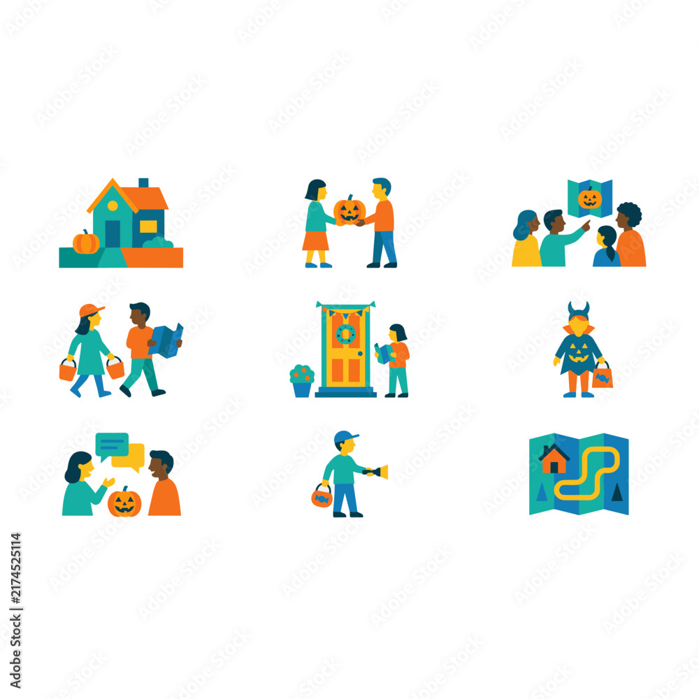 Fototapeta premium Flat design icon set depicting Halloween activities like trick-or-treating, costume, and house decorations.