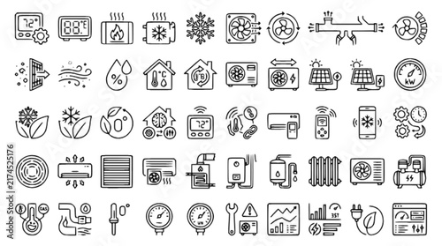HVAC Technology and Energy Efficiency Thin Line Icon Collection – Climate Control Vector