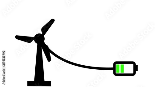 Animated black silhouette icon of a wind turbine generating power to charge a battery.