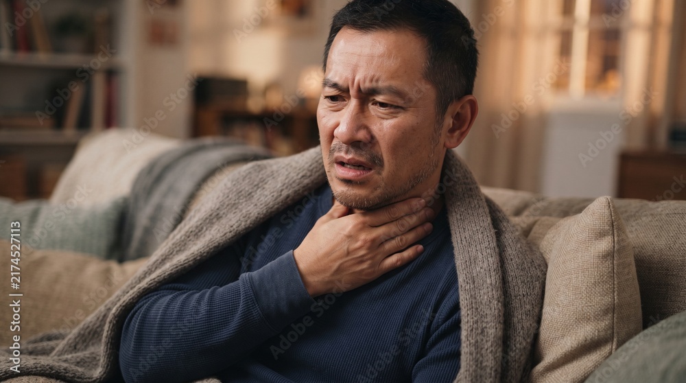 Obraz premium Man suffering from a painful sore throat and seasonal flu symptoms resting at home on his couch wrapped in a warm wool blanket during recovery
