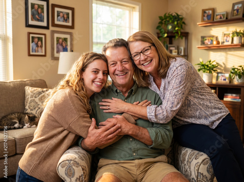 Happy family with young woman embracing senior citizen man generations love and care