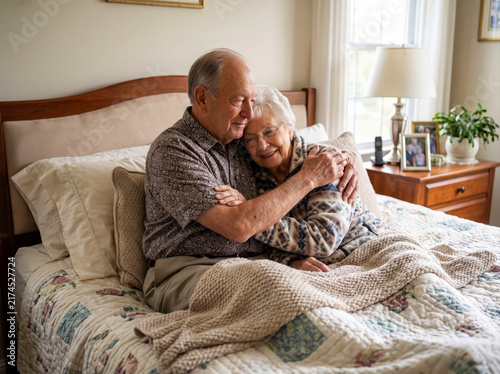 Happy loving senior couple hugging on bed at home romantic elderly relationship lifestyle
