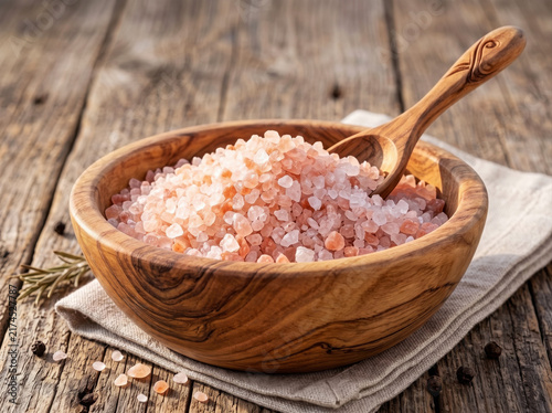 Close up of pink Himalayan salt in wooden bowl on rustic wood surface for wellness