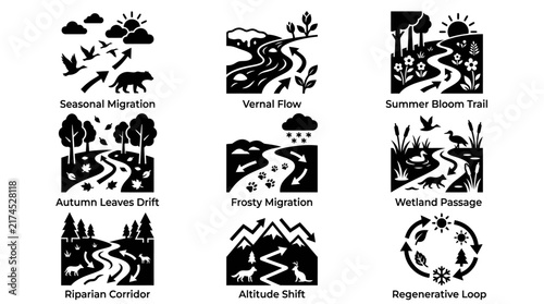 Black and white wildlife migration icons.