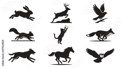 Silhouettes of various wild animals running.