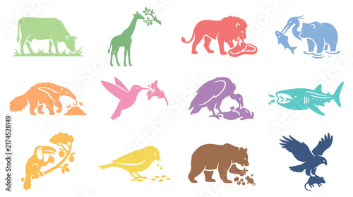 Colorful animal icons in different poses.