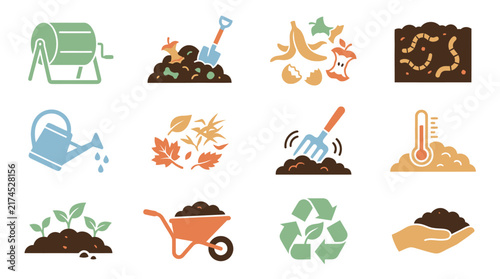 Compost garden waste recycling icons set.