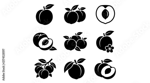 Black icons of various peaches.