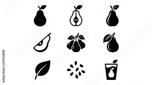 Black icons of pears and leaves.